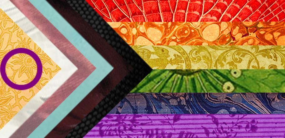 Pride flag composed of patterns from NHM Library items