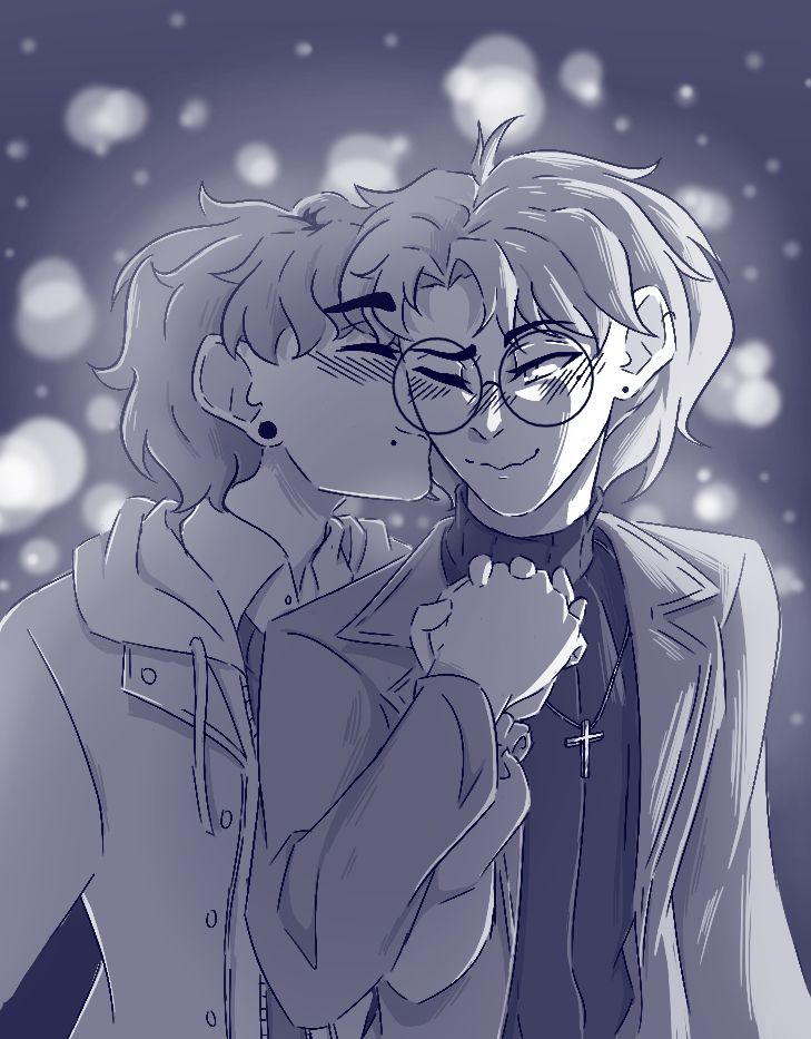 Monocrome drawing of my ocs Leo and Arlo holding hands with Leo kissing Arlo's cheek, the drawing has a wintery vibe