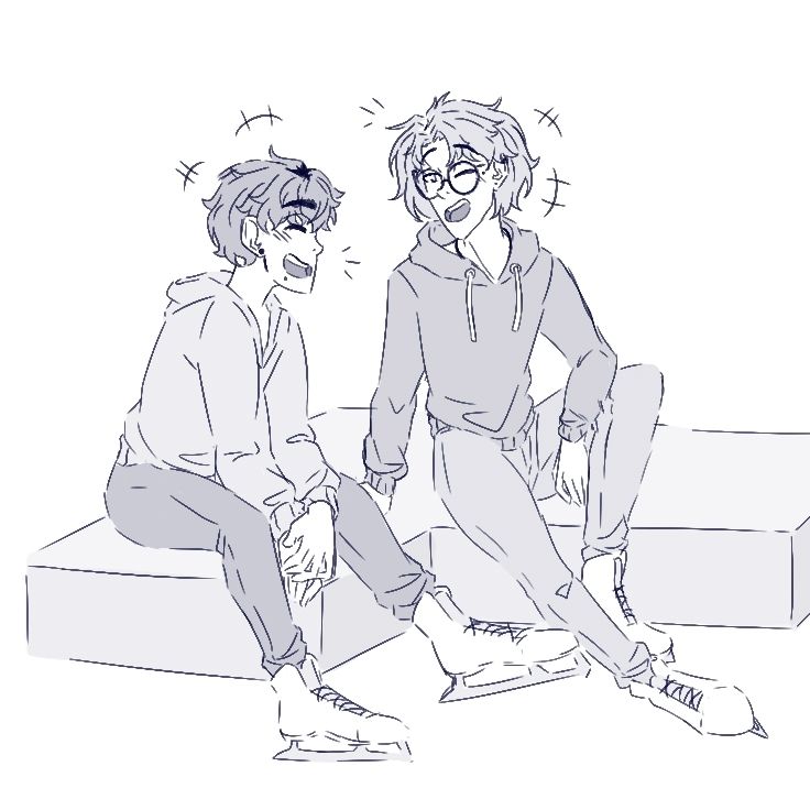 Monochrome drawing of two boys chatting and laughing together while sat on a bench, both are wearing ice skates