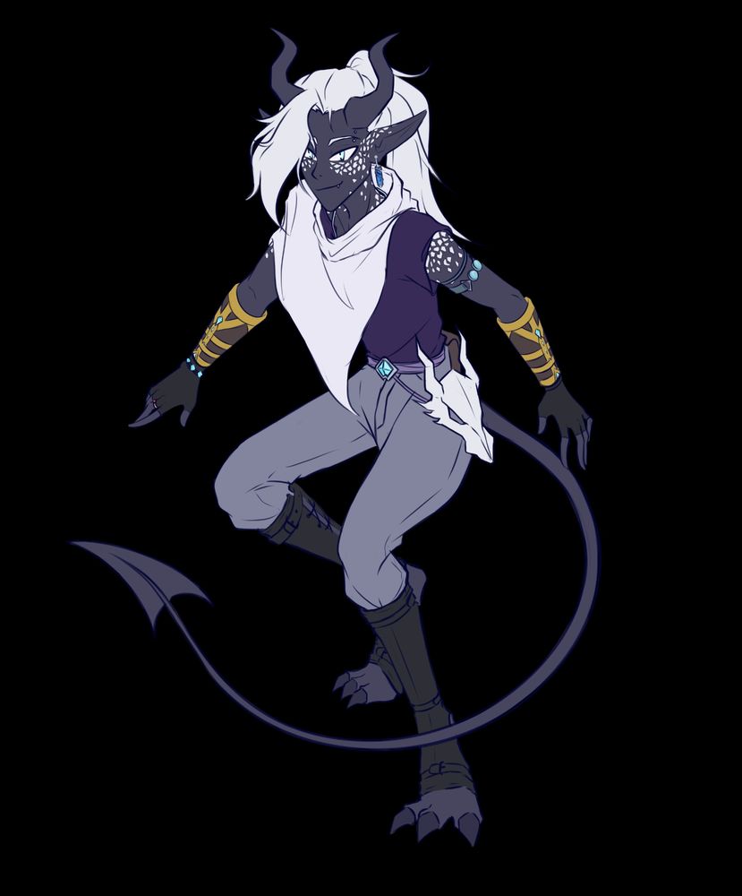 Drawing of a dark tielfing with long white hair in a ponytail wearing a short white cloak, a short sleeve purple shirt, your typical adventurer pants and boot-like feet wear, in his waist a white dragon mask is hanging from his belt which as a blue crystal in the front part. He is also wearing some gold and leather magical bracers (which are bracers of defense), a armband with 2 circular blue crystals and a wearing on his left ear with some blue liquid inside. In his face, mostly around his cheeks and shoulder there can be seen some white scales due to his draconic bloodline 