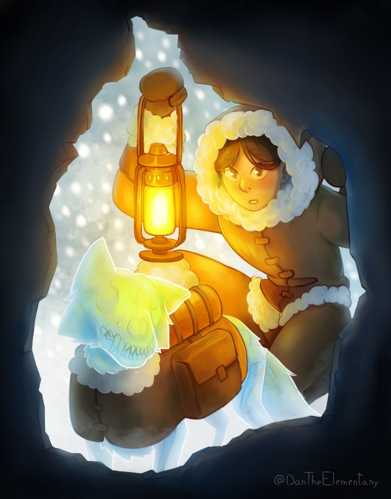Illustration of an Inuit girl wearing a very dense fur coat holding a lantern and pointing it towards the entrance of some sort of cave, by her side it's a ghostly wolf also wearing a fur coat with some packs on the sides, inside the ghostly wolf we can see the skeleton of the wolf