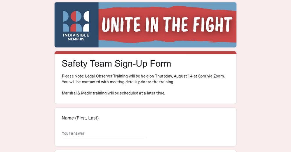 Please Note: Legal Observer Training will be held on Thursday, August 14 at 6pm via Zoom. You will be contacted with meeting details prior to the training. 

Marshal & Medic training will be scheduled...