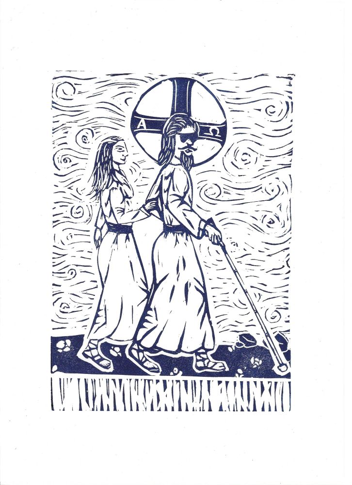 a lino print of Blind Christ leading a sighted disciple through the fog, printed in dark blue ink on white paper