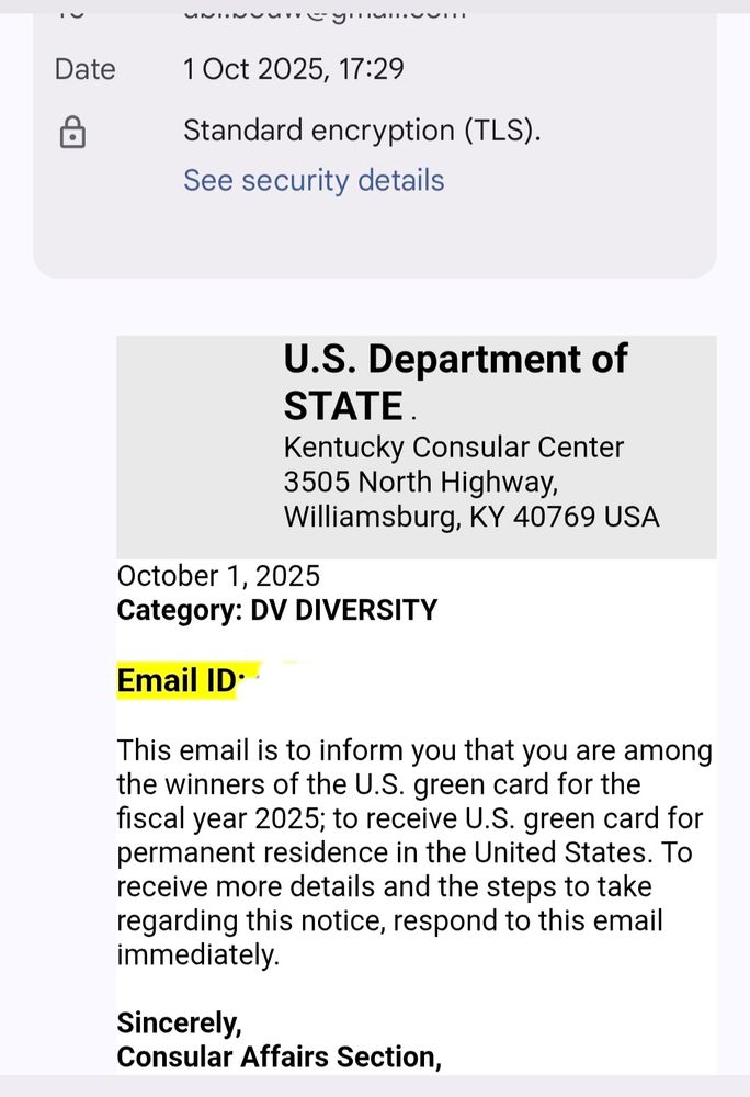 Email meant to be from the U.S. Dept of State saying I won a Green Card lottery on the Div. Diversity category and asking me to reply immediately.