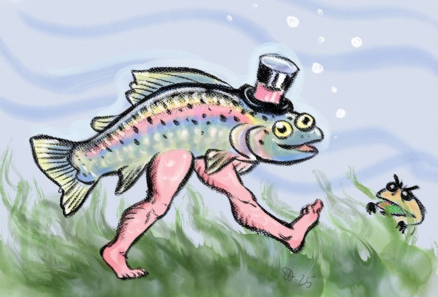 Trout with legs is out on a walk