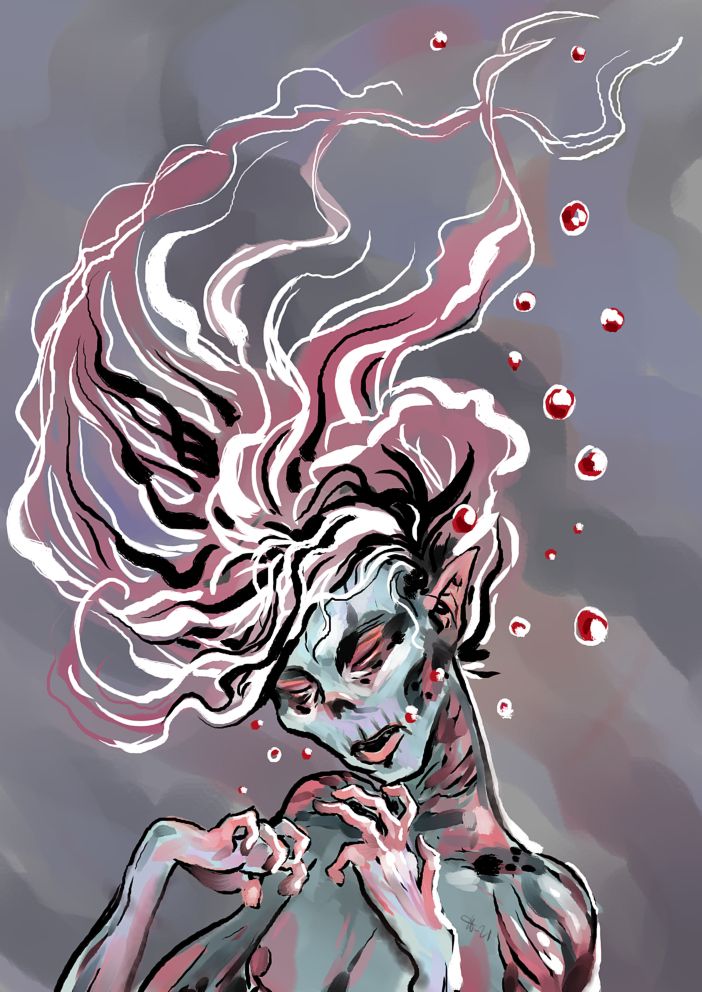 very whooshy pic of a drowner, breathing bubbles of blood
