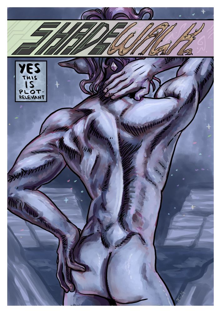 a night scene of the backside of a well-muscled elf, he has a small crystal on his neck. The text reads "SHADEWALK" and "YES this IS plot-relevant"