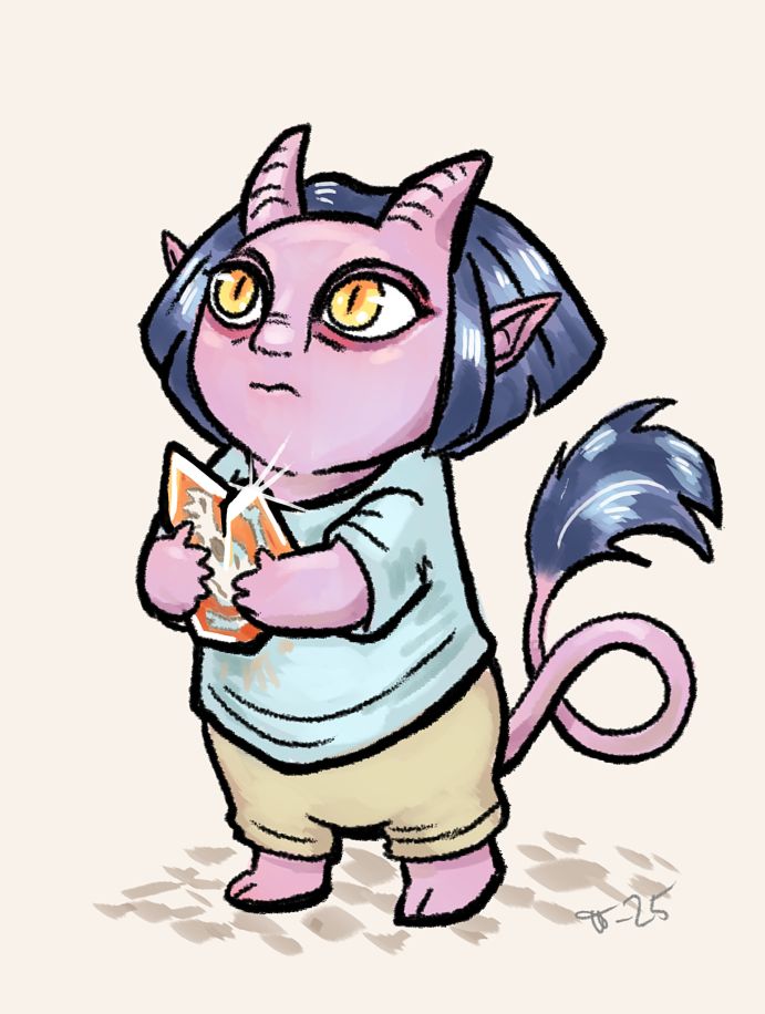 Abaddon holding a crystal with a fossil in it