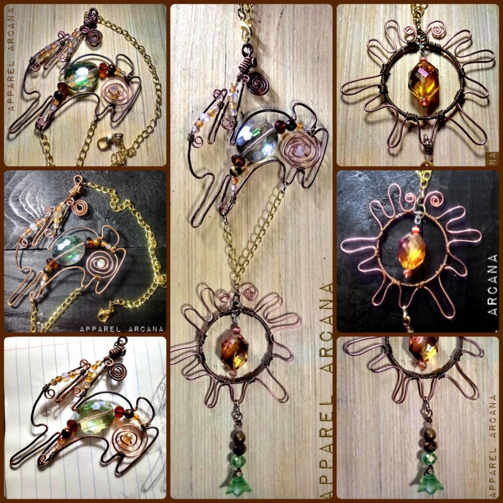 The image shows a collage of a brown copper wire Watership Down inspired Suncatcher by artist Apparel Arcana. The top is the outline of a leaping rabbit with brown tigers eye, yellow and white jade beads, brown faceted glass with a large aurora borealis green yellow glass oval focal. The bottom sun represents the character Lord Frith, and is an abstract wire sun with a large orange faceted glass crystal in the center and a charm of brown glass with a green flower at the bottom. They are connected by a gold metal chain on natural wood and black wood backdrops. 