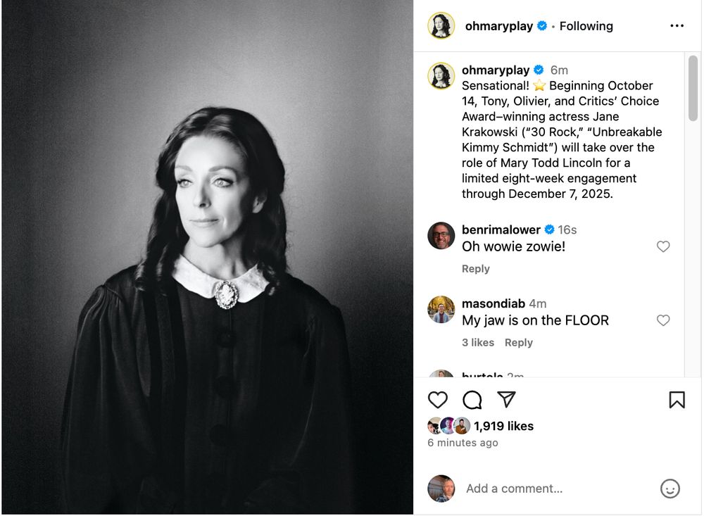 Screenshot of an Instagram post announcing Jane Krakowski (pictured left) as the lead in Oh, Mary! on Broadway 