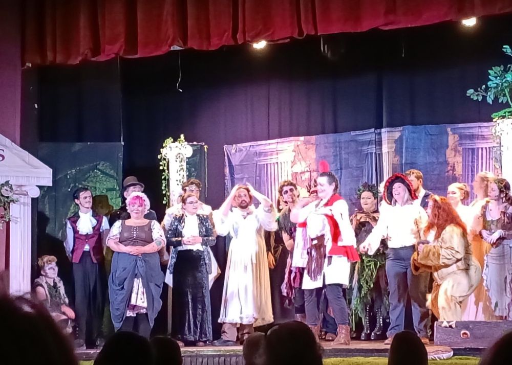 A group of adults in various costumes stand on a stage together.