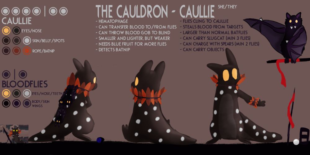 Note: Batflies not necessarily to scale.

Portable Network Graphic of a brown slugcat with yellow eyes wearing batnip. Also featured is a batfly in the top right. The text reads "The Cauldron - Caullie (She/They). Hematophage, can transfer blood to/from flies, can throw blood gob to blind, smaller and lighter, but weaker, needs blue fruit for more flies, detects batnip. Flies cling to Caullie, steals blood form targets, larger than normal batflies, can carry slugcat (min 3 flies), can charge with spears (min 2 flies), can carry objects." On the left are the hunger bars, with Caullie needing 4 food pips and have 2 overflow. The flies need 1 food pip and have 1 overflow. The palettes of each entity are below their names and color coded. As far as objects go, there is one blue fruit on the bottom left, a pearl, a brick, and an explosive spear on the bottom right, and the bat is perched on an exploding spear lodged in the wall. I'm not sure how that happened without it exploding. There is also an in-game sprite of Caullie on the bottom left.

