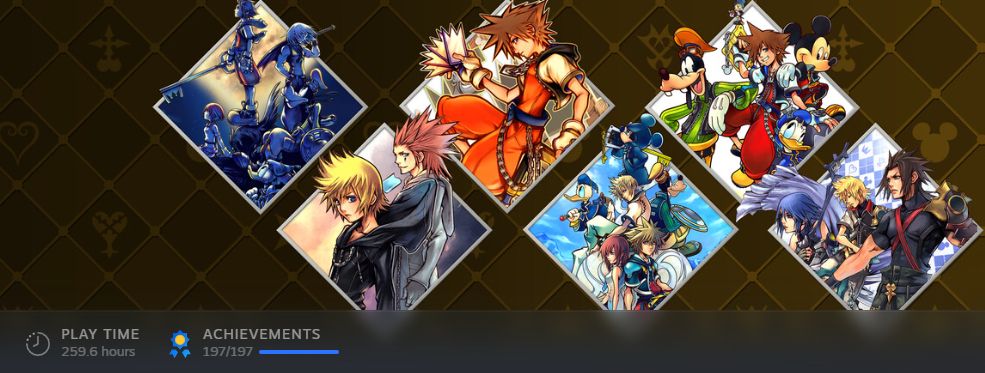 A screenshot showing the completion of 197 achievements for Kingdom Hearts -HD 1.5+2.5 Remix- on Steam. This collection has the following games in the order presented in the screenshot: Kingdom Hearts, Kingdom Hearts 358/2 Days Cutscene Compilation, Kingdom Hearts Re:Chain of Memories, Kingdom Hearts 2, Kingdom Hearts Re:Coded Cutscene Compilation, and Kingdom Hearts: Birth By Sleep. This accomplishment took 259.6 hours, or roughly 10 days, 19 hours, 35 minutes, and 59 seconds.