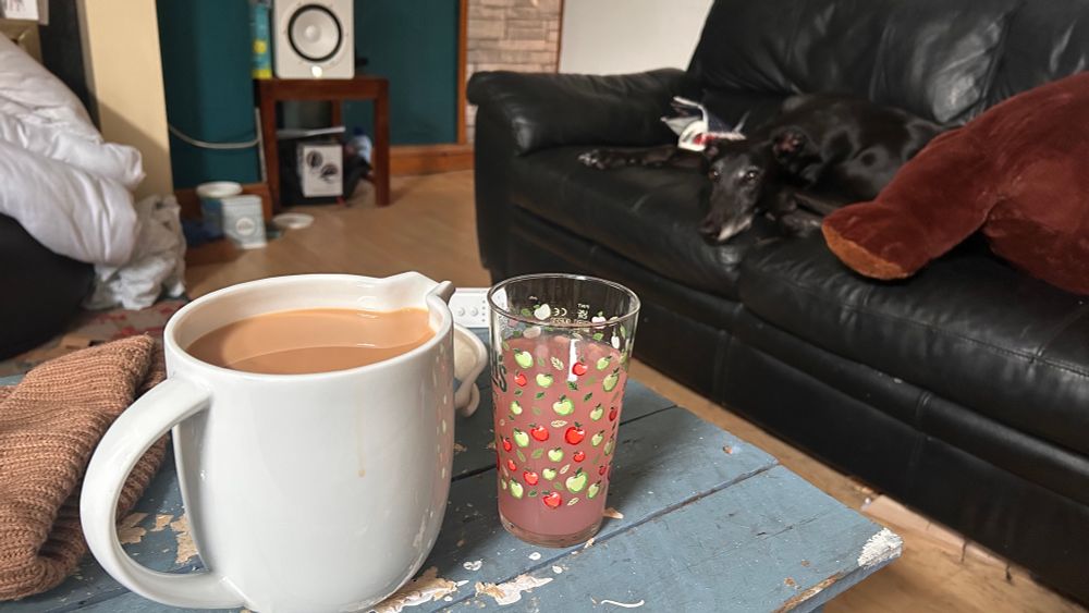 the most humongous cup of tea (in a massive gravy pourer thing) next to a pint of pink lemonade in a living room with a greyhound looking at the camera on the opposite sofa