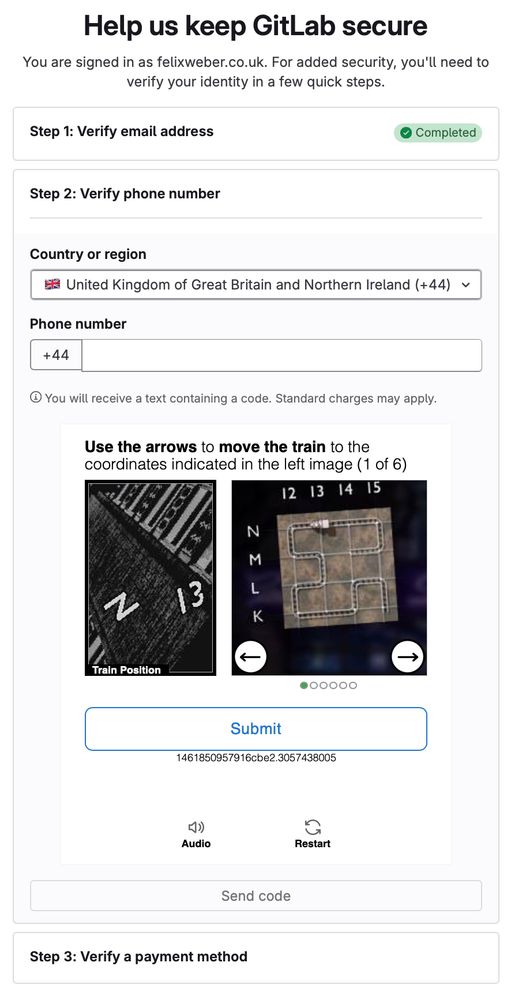 Help us keep GitLab secure
Step 2: Verify phone number
Use the arrows to move the train to the coordinates located in the left image (challenge 1 of 6)