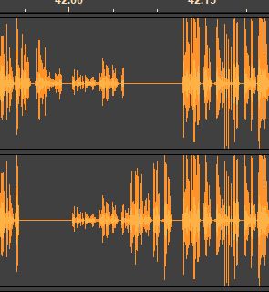 A zoomed-in screenshot of a stereo audio track in an Audacity file. The very left and most of the right shows normal, relatively equal levels. But in the middle it shows that the two sides of the stereo track cut out at different times from each other, rendering the audio weirdly mono and causing Audacity to error out when processing anything with this track.

Don't worry about the clipping spikes, those all get fixed. 👍✨