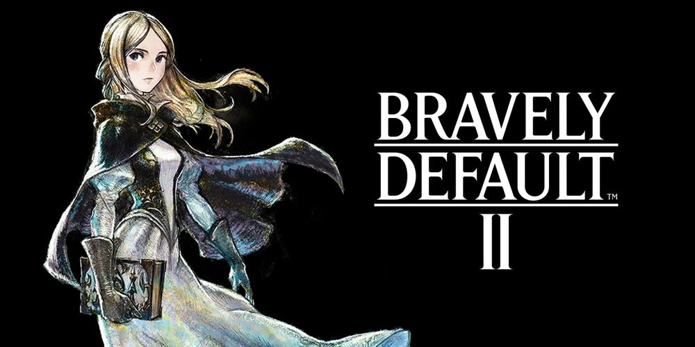 Bravely Default II is written next to a young blonde woman in a caplet and noble dress. She has on leather falconer's gloves and holds a book.