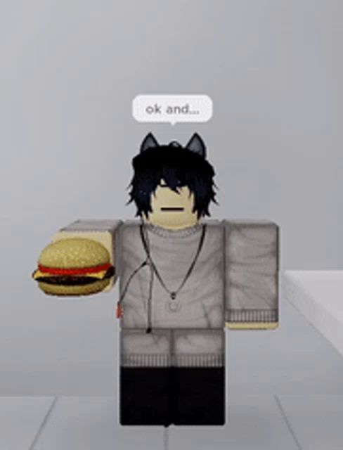 a roblox character is holding a hamburger with a speech bubble that says ok and