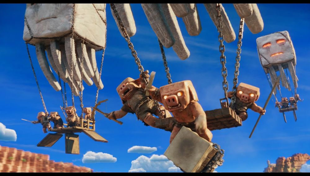 Photorealistic but blocky piglins riding on contraptions tied to ghosts flying in the air like evil hot air balloons