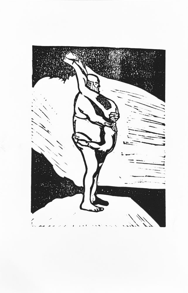 Linoleum relief print of man holding another man upside down. 
