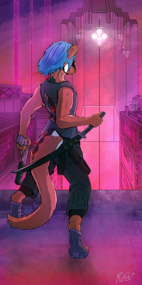 An otter in wth blue hair stands on a rooftop holding the handle of a katana and suppressed pistol. He faces away from the camera, towards Arasaka tower looming in the distance, the city expanding below him. The glow of the city comes back up as a bright pink and red.