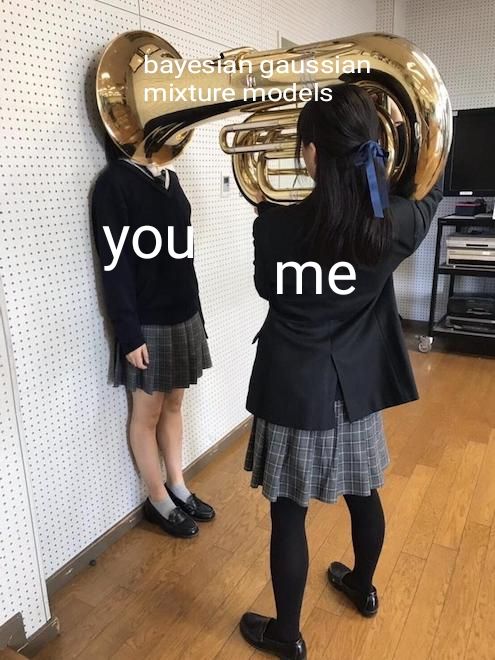 the girl (me) putting tuba (bayesian gaussian mixture models) on girl (you)'s face meme