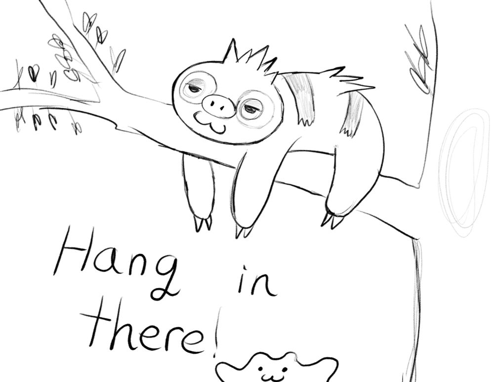 A sketch of a sloth hanging out in a tree 