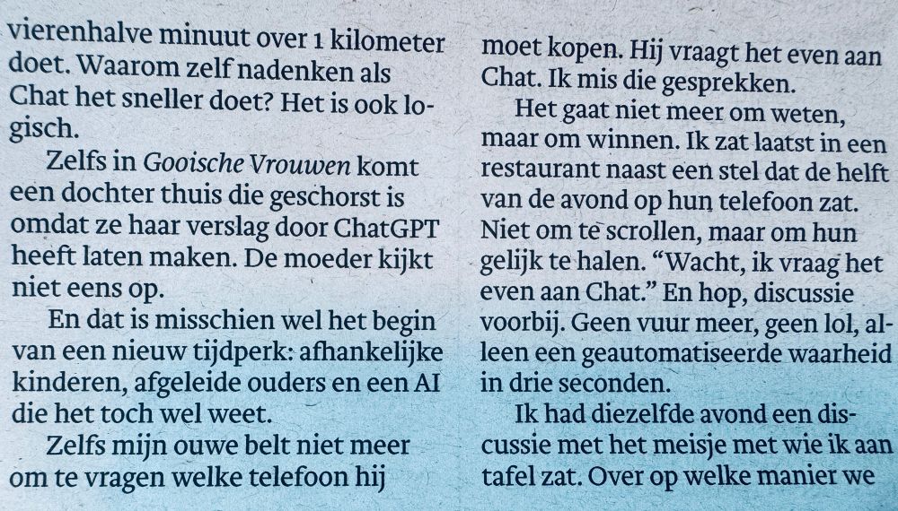 Opiniestuk in dagblad Trouw door lezer Sebastiaan van den Berg uit Amsterdam: “"Ik vraag het aan Chat - en hop, de discussie is voorbij”, deel 2.