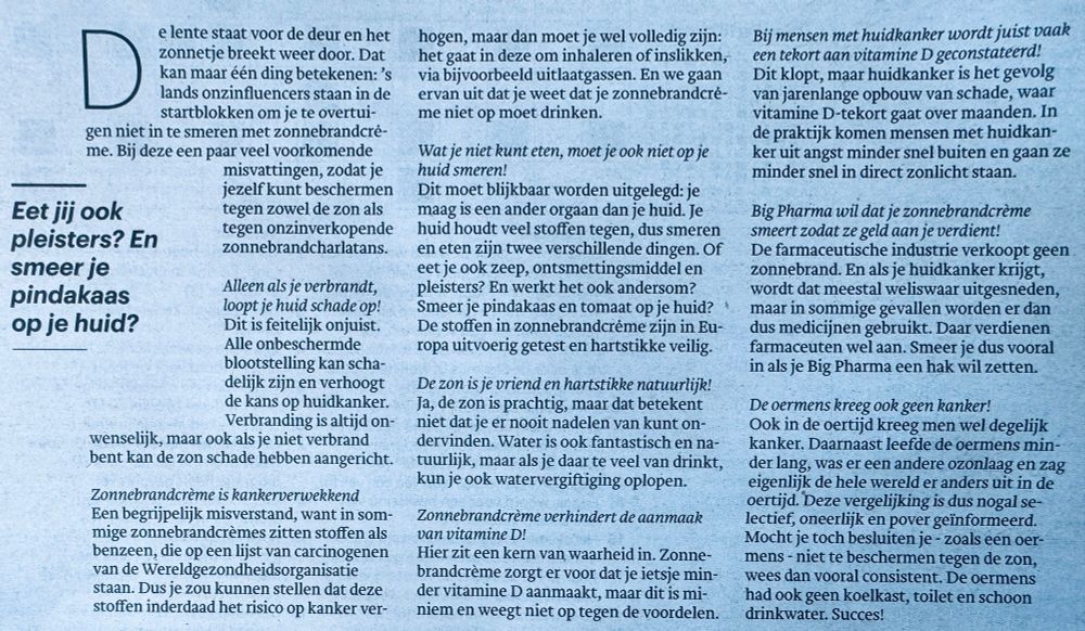 Column achter op dagblad trouw door Adriaan ter Braak: “Bescherm je tegen de zonnebrandcharlatans”.