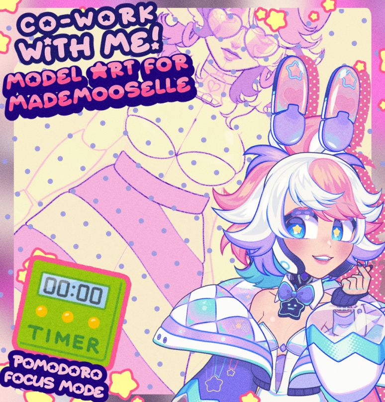 Co-Work with Me!
Model art for @/Mademooselle

Pomodoro Focus Mode

OyasumiYuni is seen with a heart "saranghae" sign on their hand as the y look over to the left. Behind them is the current work in progress of the model art for @/Mademooselle! 