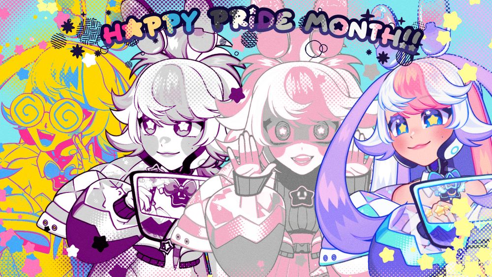 Text Reads up Top:
Happy Pride Month!!

Below, the following flags are gradient mapped on the vtuber OyasumiYuni.

From left to right - Pan Flag Colors (for being Panromantic), Demisexual Flag Colors, and Demi Girl Flag Colors