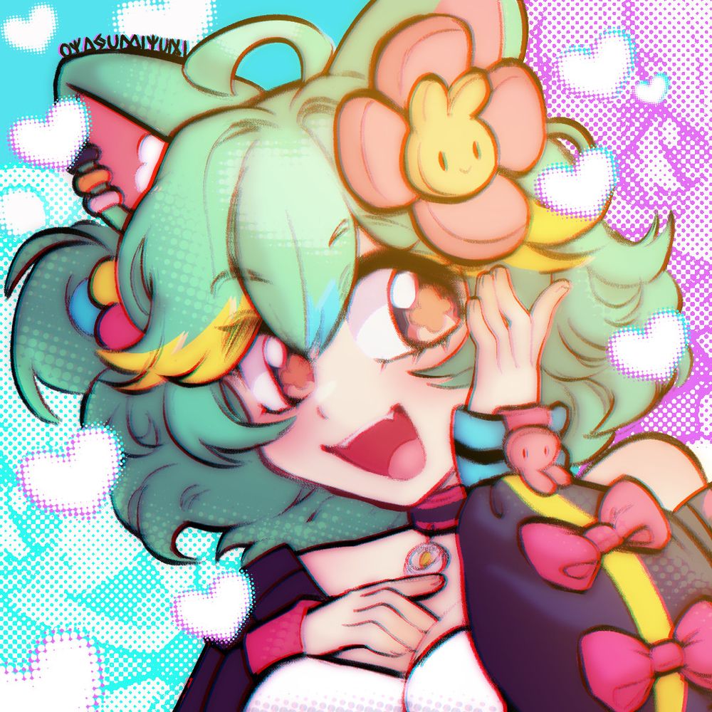 Rosedoodle the vtuber in her short hair variant hair style!! She has a cute happy expression and her iconic jacket on.

Rosedoodle has green/teal hair with primary colors scattered within her overal design representing Vchiban! I drew her hand on her chest with the other pushing back hair to look to the side. She has cat ears, piercings, and of course her cat sprout flower. 