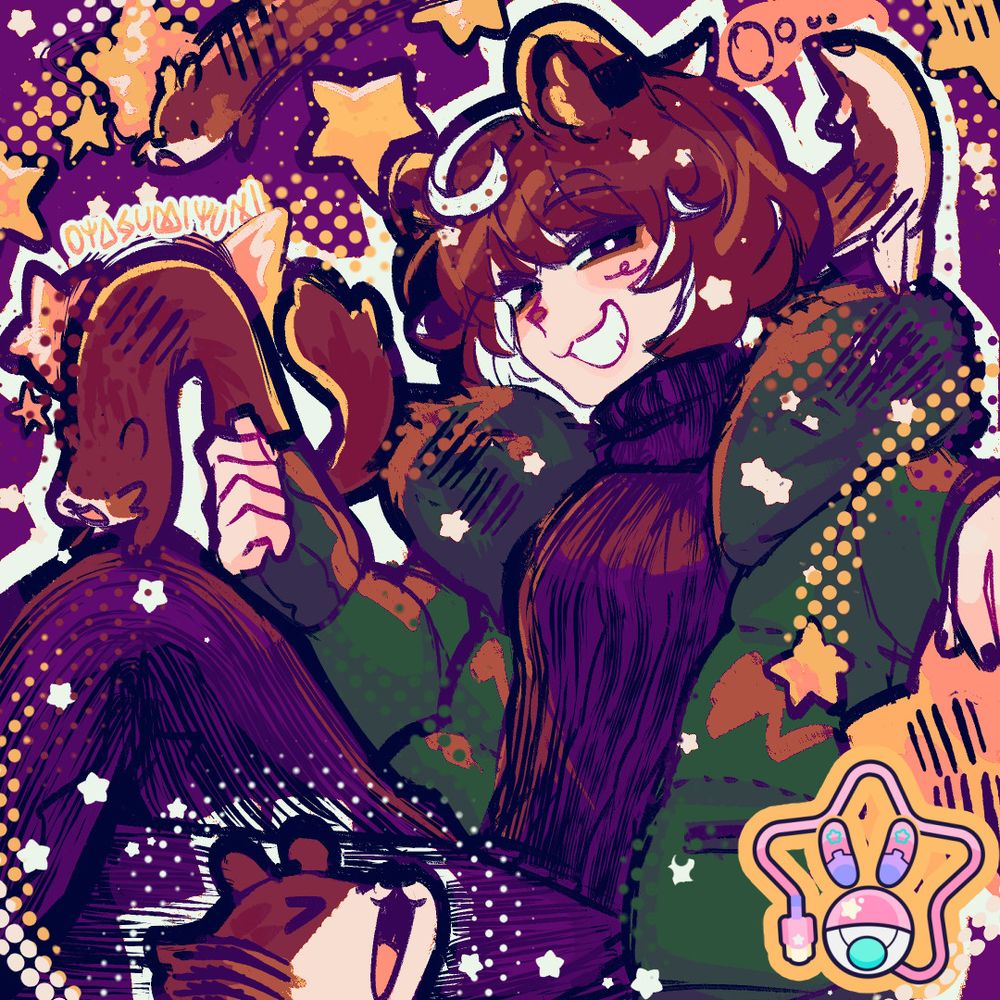 ◊  Doodle²  ◊

Skeb type illustration where the client commissions me to illustrate a character of their choice, but leaves me to have creative freedom and artistic liberties. This character is @P2isOnline on Twitch! I use a limited color palette to compose these pieces by working in grayscale primarily. I scatter stars, sprinkle halftones, allow for the illustration to stay sketchy. They're posed seated with a smug expression looking over themselves, stouts moving around in the space around him. He has short hair that's dual toned, animal ears, a turtleneck top, paired with a jacket he's grasping at the cuffs. 