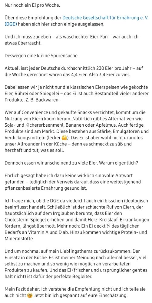 Beitrag auf LinkedIn, in dem jemand den Konsum von Eiern unter anderem damit rechtfertigt, dass man mit Eiern gut Kuchen backen kann.

Die Person bezieht sich auf die aktuelle Empfehlung der Deutschen Gesellschaft für Ernährung (DGE), die den Konsum von einem Ei pro Woche empfiehlt.