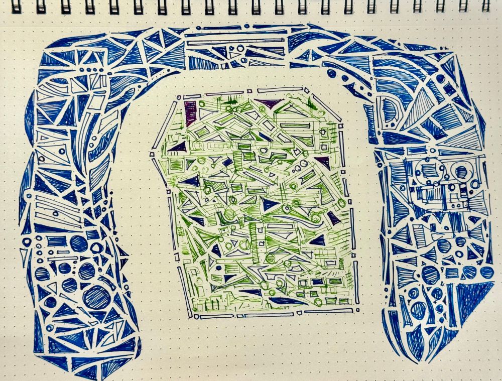 Random shapes drawn in blue and green inked fountain pen