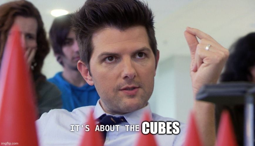 A photo of Ben Wyatt from Parks and Rec saying "It's about the Cubes."