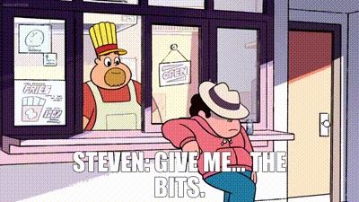 Steven Universe in a hat saying "Give me the bits"