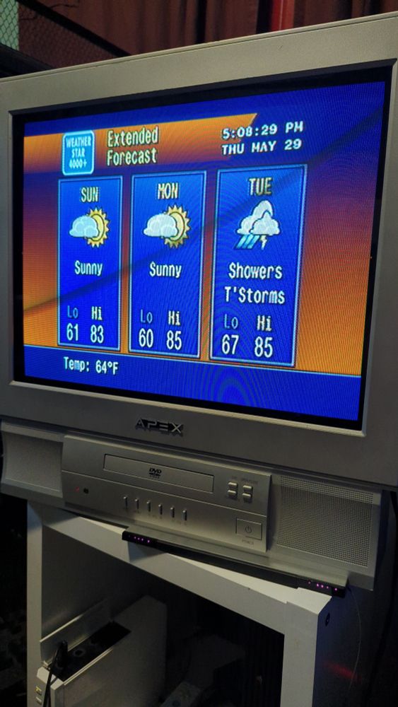 A CRT with a weather channel forecast playing.