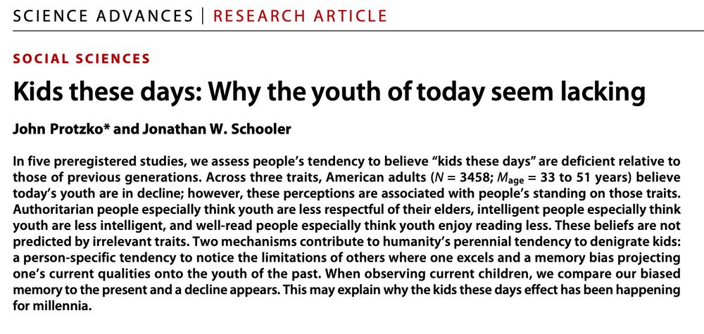 paper abstract "Kids these days: Why the youth of today seem lacking" by Protzko and Schooler. it's a zinger!