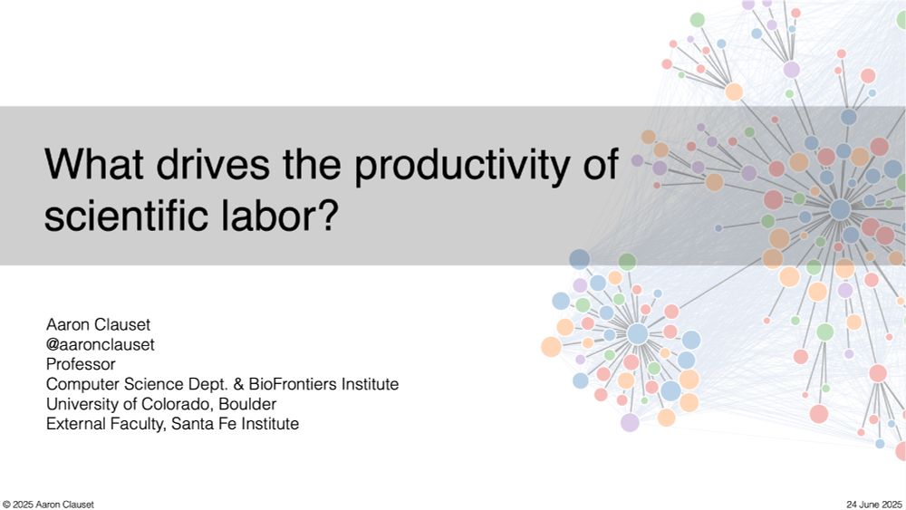 Title slide: "What drives the productivity of scientific labor?" a talk by Aaron Clauset at the Oxford Summer School on Economic Networks 2025
