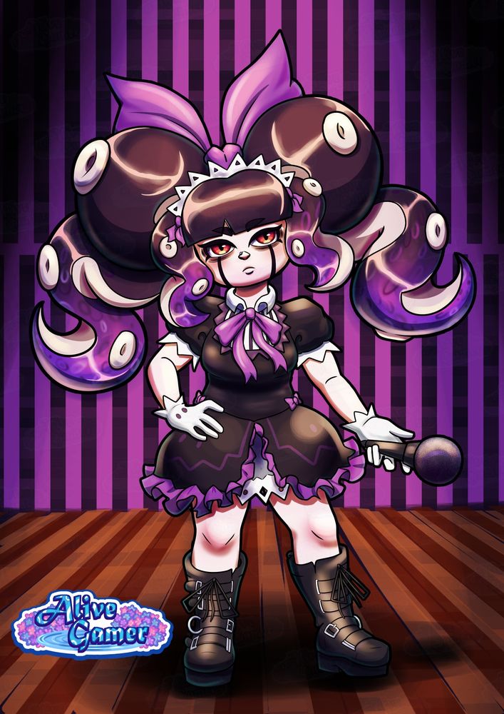 Diva Octoling OC named Yuki created by linkaass on a stage. Color scheme of Purple and Black.