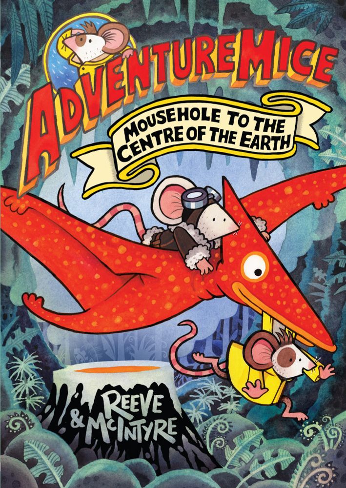 Cover for the seventh Adventuremice book, launching Oct 9th in the UK! Adventuremice character Fledermaus rides a flying miniature pterodactyl whilst Pedro dangles awkwardly from its beak over a tiny volcano in an underground cavern... 