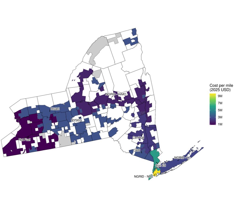 Map of leak prone pipe replacement costs per mile across utility service territories (2025 USD)