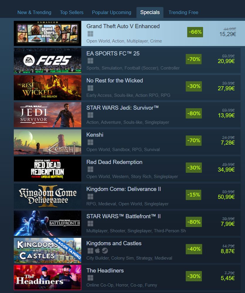 Steam's "Specials" store tab, in which it looks as if in the capsule art of Star Wars Battlefront II, Darth Maul's light saber is breaking through its border, extending into Kingdoms and Castles store capsule art.