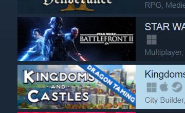 Detail of Steam's "Specials" store tab, in which it looks as if in the capsule art of Star Wars Battlefront II, Darth Maul's light saber is breaking through its border, extending into Kingdoms and Castles store capsule art.