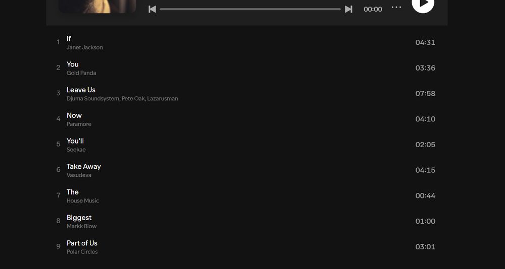 screenshotnof playlist of real songs and artists:

If (Janet Jackson)

You (Gold Panda)

Leave Us (Djuma Soundsystem, Pete Oak, Lazarusman)

Now (Paramore)

You'lll (Seekae)

Take Away (Vasud eva)

The (House Music)

Biggest (Markk Blow)

Part of Us (Polar Circles)