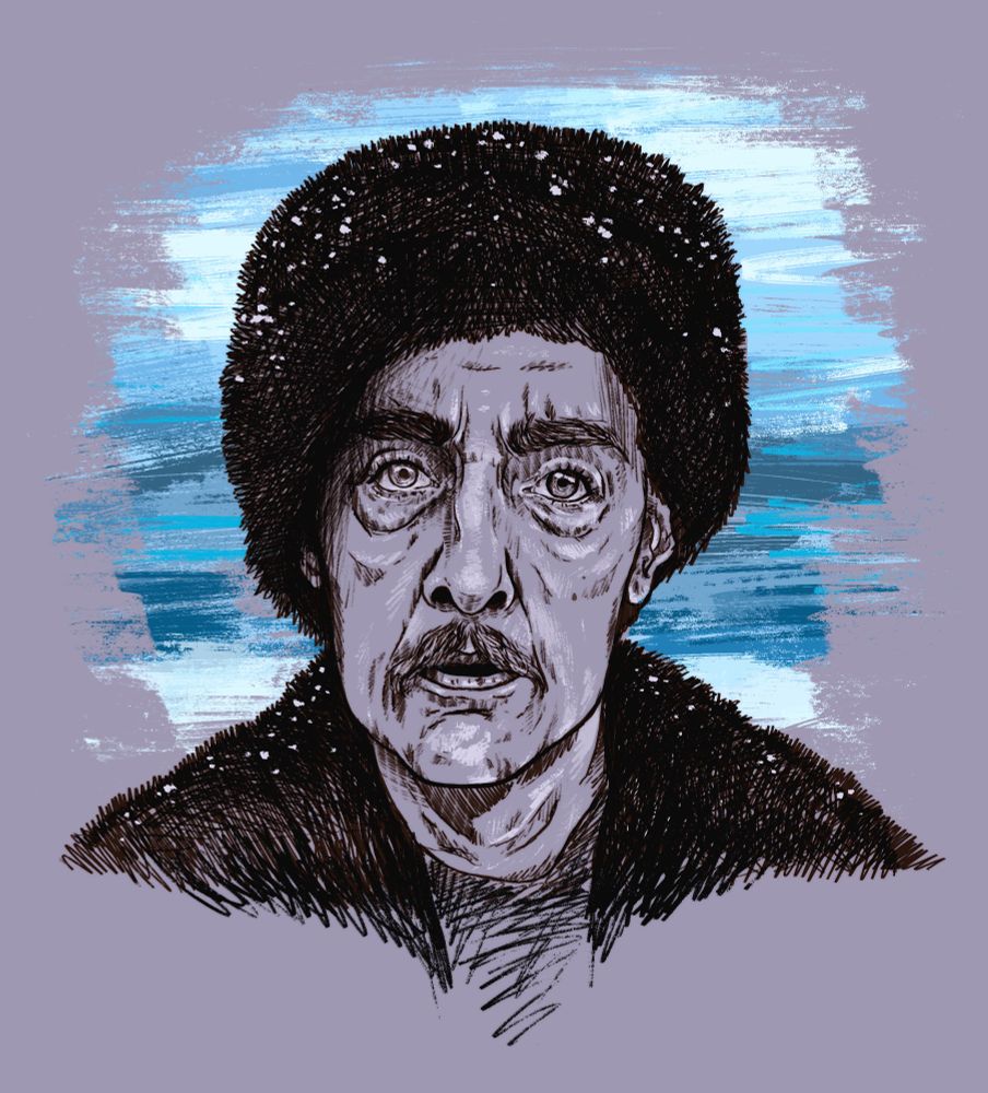 Digital illustration of Irving from the TV show Severance, a still from episode 4 of season 2. He is looking directly at you, rendered in sketchy black and white, wearing a fluffy black coat and fluffy winter hat dusted with snow. The background of the image is a pals purple and behind him, a painterly blotch of blue sky tones. 