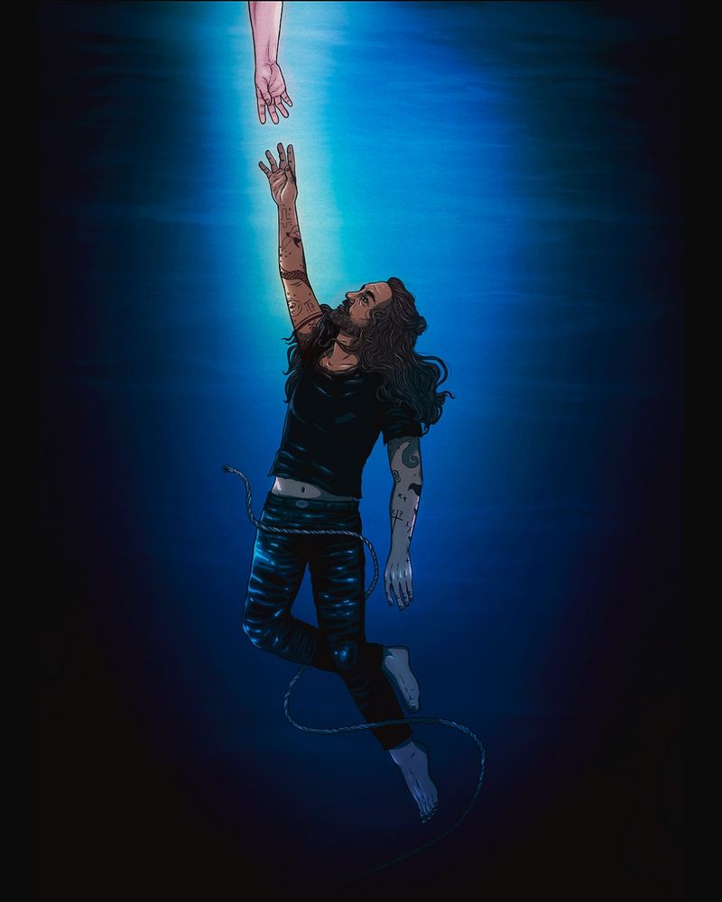 Digital illustration of Ed from season 2 of Our Flag Means Death, as Ed is shown in full, left leg bent and right leg straight, right arm outretched upwards to a bright hand reaching out from above. The image is bathed in blue with a gentle glow focused near the top of the frame and the hands, about to touch. 