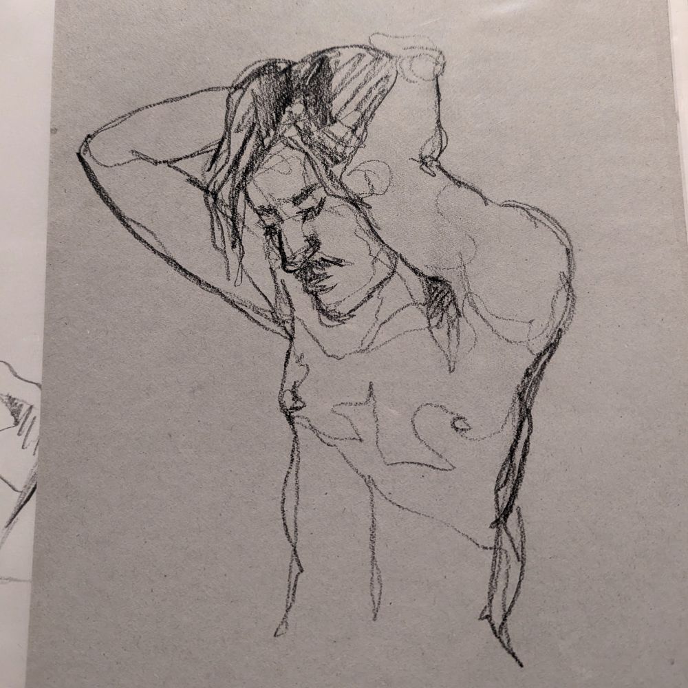 Loose single line drawing on off white paper using a dark graphite pencil. The drawing shows a man with a moustache with his arms up, bent at the elbow and hands behind his head, face slightly down turned. 