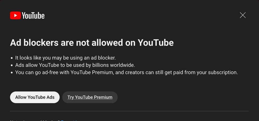 Youtube tells me it's poor by way of a frozen popup notification